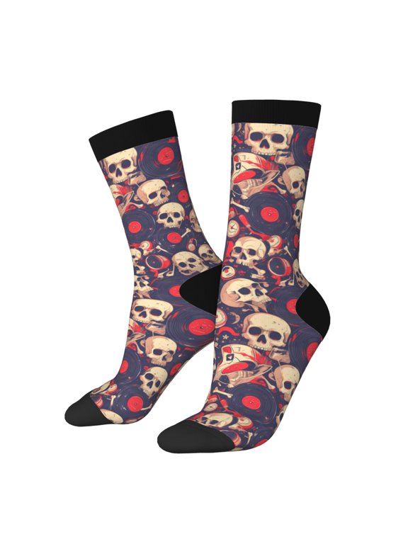 Skull rock music record Print Adult Socks for Men & Women,Calf Socks, Ankle Socks,Boots Socks,Breathable Casual Sock,Unisex Crew Socks