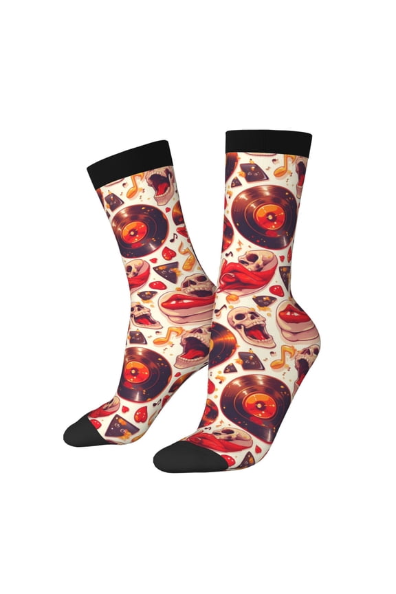 Skull rock record music heart Print Adult Socks for Men & Women,Calf Socks, Ankle Socks,Boots Socks,Breathable Casual Sock,Unisex Crew Socks