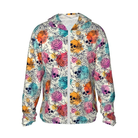 Logiee Skulls and Roses Print Men's Women Light Jacket Full Zip Sun Protection Hoodie Long Sleeve Sun Shirts for Men Hiking Fishing Zip Pockets-Large