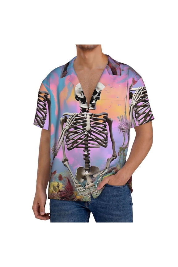 Sky Sunflower Skull Print Men's Button Down Shirts Short Sleeve, Summer Beach Shirts,Vacation Wedding Shirts,Men's Casual Button-Down Shirts with Pocket-Medium