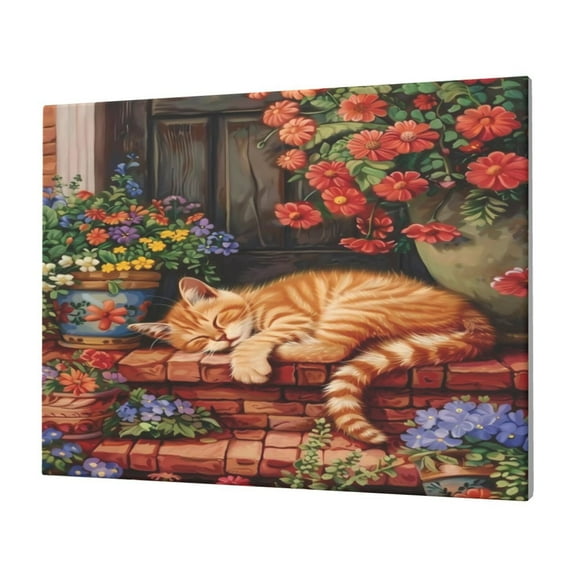 Logiee Sleeping Cat Flowers Print Canvas Wall Art,Canvas Picture Prints with Frame, Wall Art Decorative,Canvas Decorative,Suitable for Living Room Bedroom Office Room 30x40