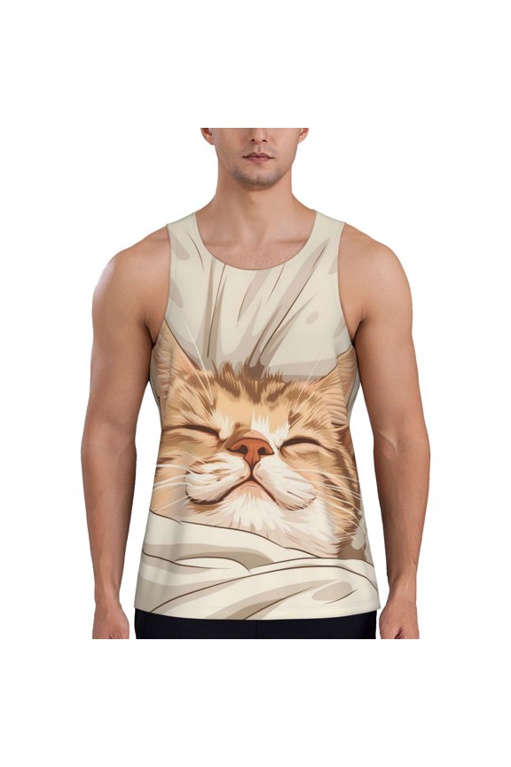 Sleeping Cat In Blanket Print Men's Workout Tank Top,Quick Dry Workout Tank Top,Gym Muscle Tee,Fitness Bodybuilding Sleeveless T Shirt-Small