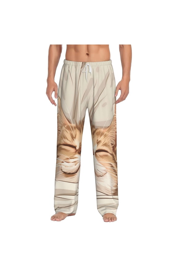 Sleeping Cat In Blanket Print Pajama Pants for Men,Men’s Pajama Bottoms,Mens PJ Pants with Pockets & Button Fly-X-Large