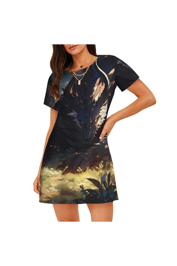 Sleeping Dragon In Forest Print Nightgowns for Women,Soft Short-Sleeved Lightweight Sleepwear, Loose Sleepshirts