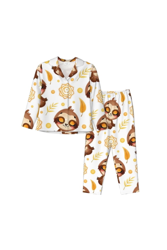 Sloth Yoga Print Womens Pajamas Set,Long Sleeve Sleepwear,Button Down Lounge Set 2 Pieces,Soft Nightwear Pjs Set-
