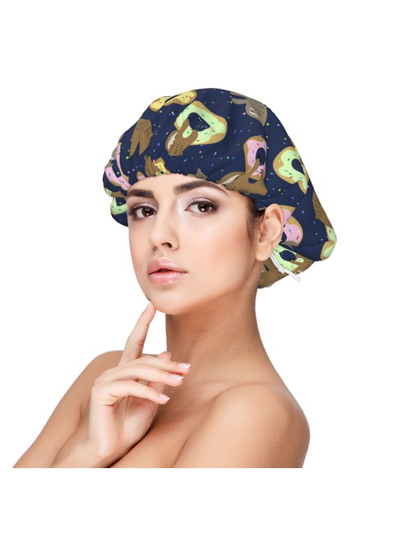 Sloth with Donuts Print Silk Bonnet Satin Bonnet for Sleeping Women and Men,Double Layer Hair Bonnet for Curly Braids Hair