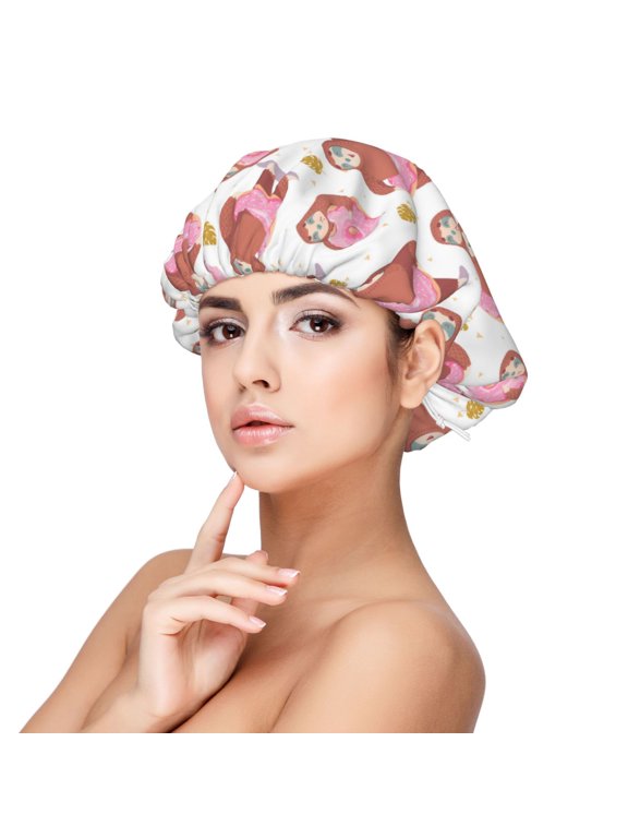 Sloth with Donuts1 Print Silk Bonnet Satin Bonnet for Sleeping Women and Men,Double Layer Hair Bonnet for Curly Braids Hair