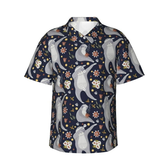 Logiee Sloths Dancing Print Mens Hawaiian Shirts,Loose-Fit Short Sleeve Button Down Tropical Aloha Beach Shirt,Summer Vacation Wedding Tops,X-Large