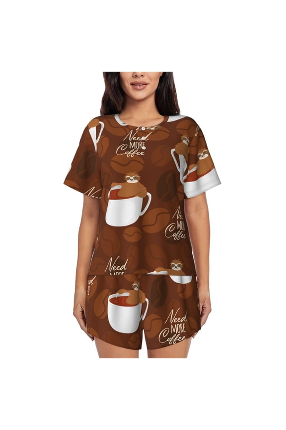 Sloths Need More Coffee Print Womens Pajamas Set,Short-Sleeve Pajama 2 Piece Sleepwear with Pockets-Medium