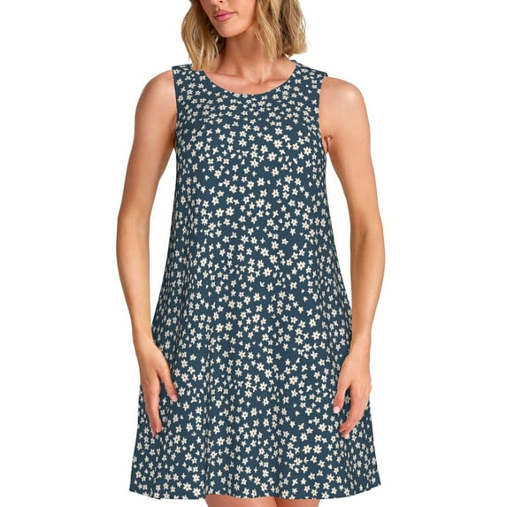 Logiee Small White Flowers Print Summer Dresses for Women,Beach Sleeveless Flowy Pocket Tshirt Tank Sundresses,Women's Sleeveless Dress