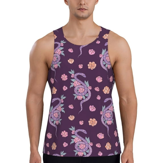 Logiee Snake And Flower Print Men's Workout Tank Top,Quick Dry Workout Tank Top,Gym Muscle Tee,Fitness Bodybuilding Sleeveless T Shirt-X-Large