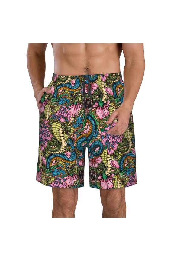 Snake And Flower Print Mens Swim Trunks Quick Dry Board Shorts,Breathable Hawaii Beach Shorts Swimwear Bathing Suits-Medium