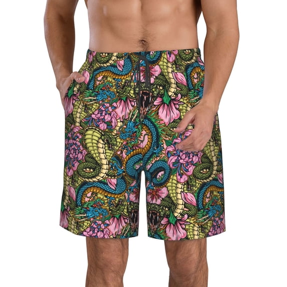 Logiee Snake And Flower Print Mens Swim Trunks Quick Dry Board Shorts,Breathable Hawaii Beach Shorts Swimwear Bathing Suits-Medium