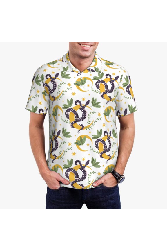Snake And Moon Print Mens Polo Shirts,Mens Golf Polo Shirts,Short Sleeve Casual Polo Shirts for Men,Summer Fashion Beach Shirts-Small