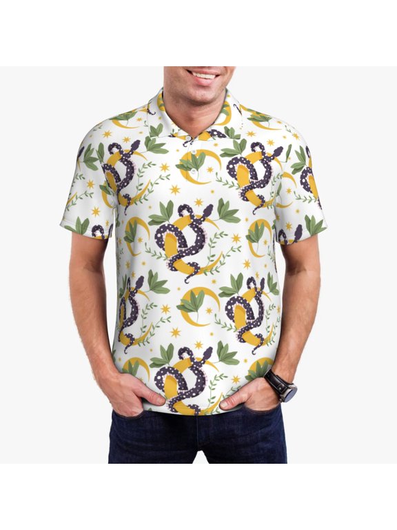 Snake And Moon Print Mens Polo Shirts,Mens Golf Polo Shirts,Short Sleeve Casual Polo Shirts for Men,Summer Fashion Beach Shirts-Small