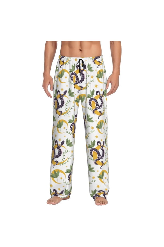 Snake And Moon Print Pajama Pants for Men,Men’s Pajama Bottoms,Mens PJ Pants with Pockets & Button Fly-Large