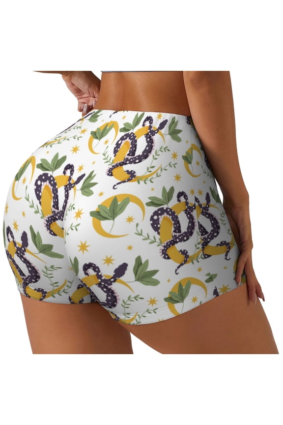 Snake And Moon Print Women's Biker Shorts,Workout Gym Shorts,Scrunch Shorts,Tummy Control Hidden Scrunch Running Yoga Shorts-Medium