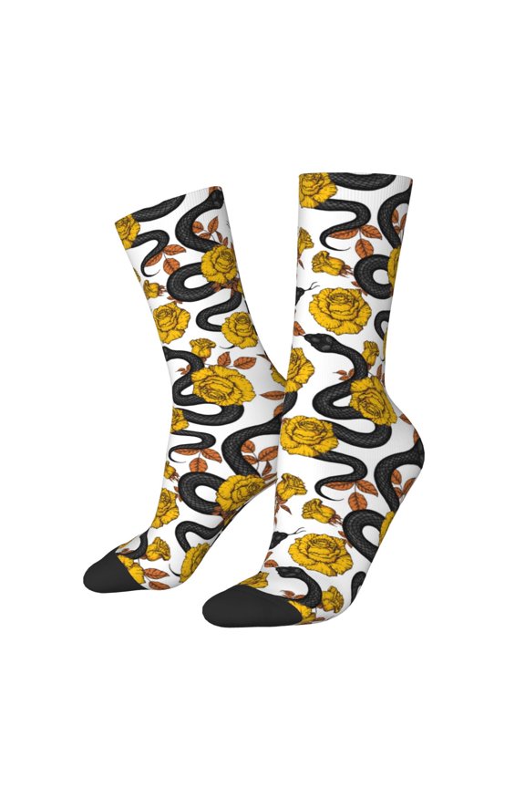 Snake And Rose Print Adult Socks for Men & Women,Calf Socks, Ankle Socks,Boots Socks,Breathable Casual Sock,Unisex Crew Socks