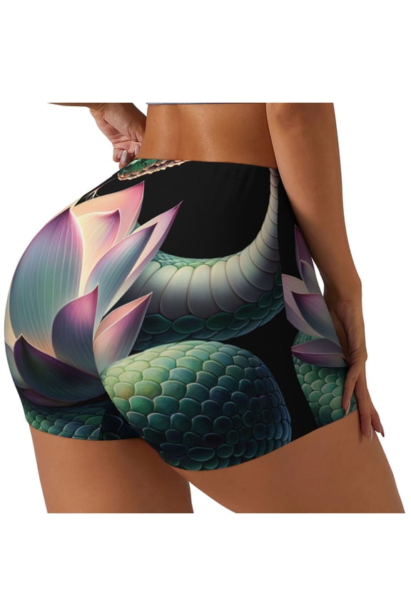 Snake Holding A Lotus Print Women's Biker Shorts,Workout Gym Shorts,Scrunch Shorts,Tummy Control Hidden Scrunch Running Yoga Shorts-XX-Large