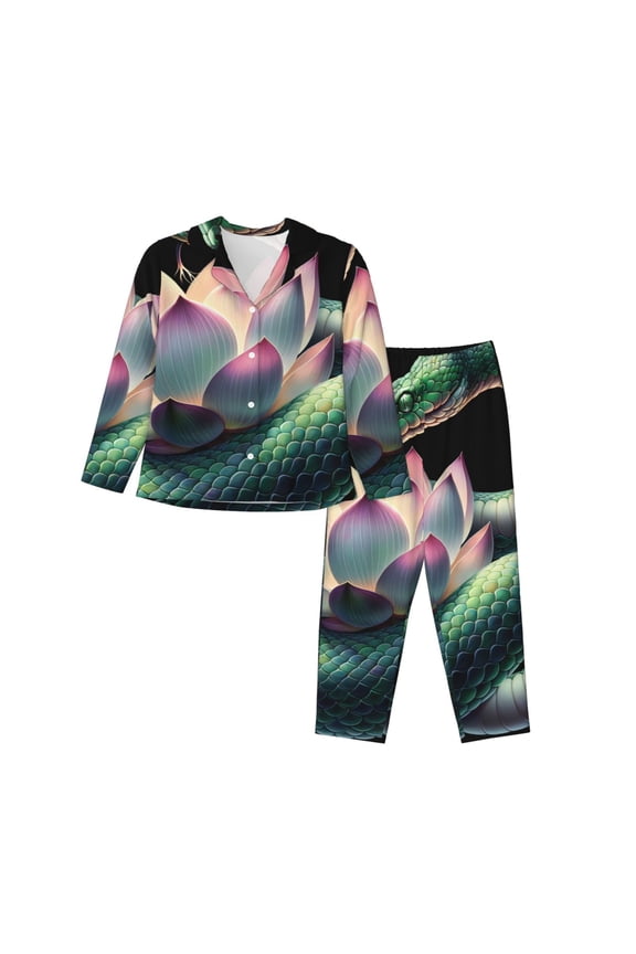 Snake Holding A Lotus Print Womens Pajamas Set,Long Sleeve Sleepwear,Button Down Lounge Set 2 Pieces,Soft Nightwear Pjs Set-X-Large