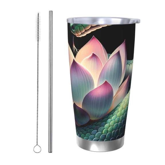 Logiee Snake Holding A Lotus Print 20OZ Car Cup with Lid, Stainless Steel Vacuum Insulated Double Wall Travel Tumbler, Durable Insulated Coffee Mug,Thermal Cup with Straw-Straw Two-piece Set