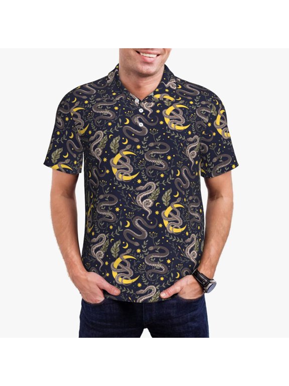 Snake Sleep Print Mens Polo Shirts,Mens Golf Polo Shirts,Short Sleeve Casual Polo Shirts for Men,Summer Fashion Beach Shirts-Small