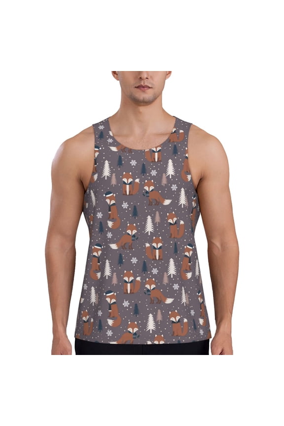Snowflake Fox Print Men's Workout Tank Top,Quick Dry Workout Tank Top,Gym Muscle Tee,Fitness Bodybuilding Sleeveless T Shirt-Large