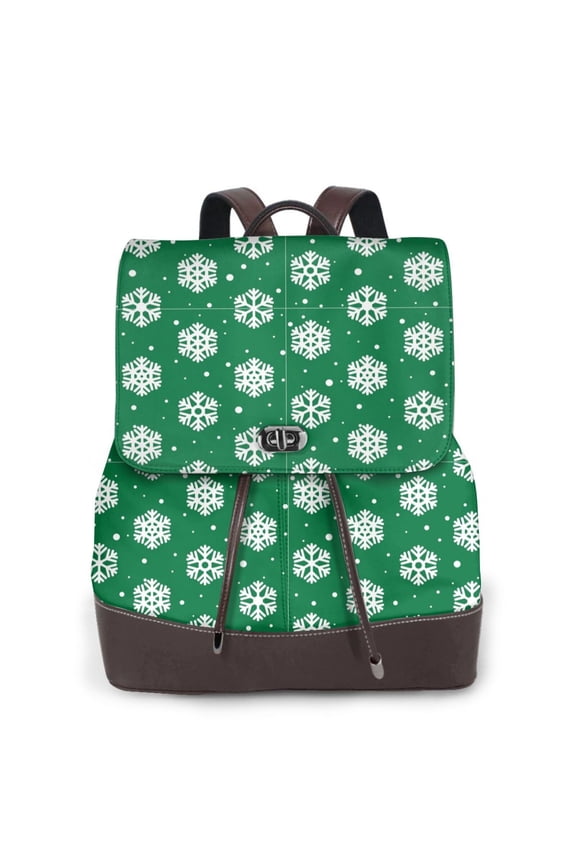 Snowflake Print Women's Leather Backpack,Travel Laptop Backpack,Fashion Ladies Leather Backpack Bag for Travel,Leather Drawstring Daypack for Me