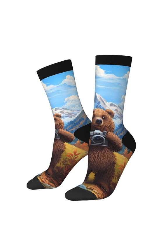 Snowy Mountain Photography Bear Print Adult Socks for Men & Women,Calf Socks, Ankle Socks,Boots Socks,Breathable Casual Sock,Unisex Crew Socks
