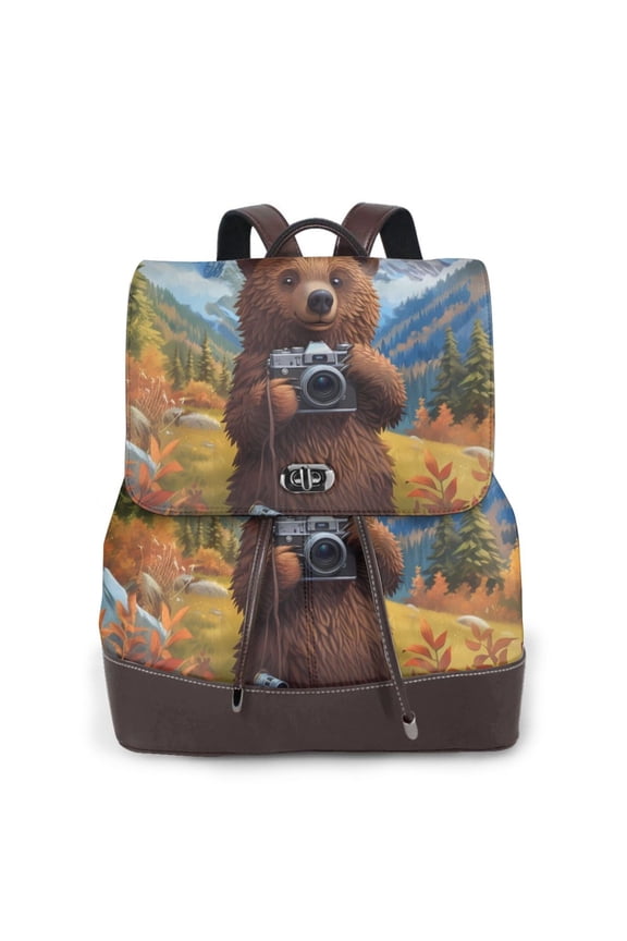 Logiee Snowy Mountain Photography Bear Print Backpack Purse for Women,Fashion Leather Backpack Purse,Women's Leather Backpack for Work College Travel