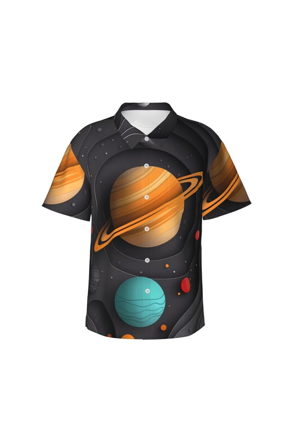 Solar System Paper Art Print Mens Hawaiian Shirts,Loose-Fit Short Sleeve Button Down Tropical Aloha Beach Shirt,Summer Vacation Wedding Tops,Small