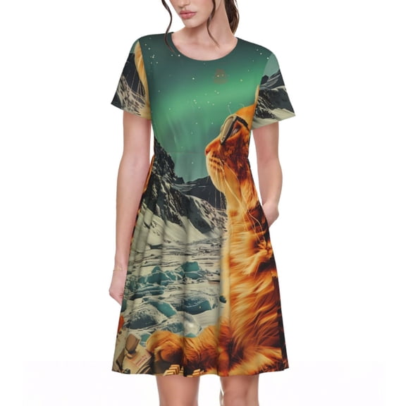 Logiee Space Adventurer Cat Print Womens Summer Dress,Casual Short Sleeve Sundresses,Beach A-line Shift Dress with Pockets