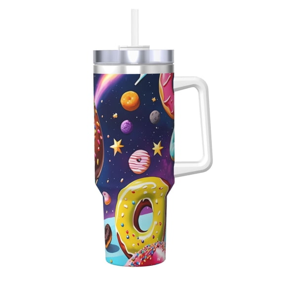 Logiee Space Colorful Donut Print 40OZ Ice Bully Cup with Handle and Straw, Double Wall Stainless Steel Tumbler,Travel Coffee Cup with Lid, Summer Insulation and Cooling Cup