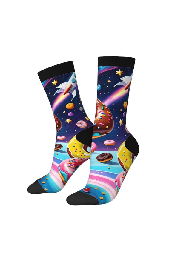 Space Colorful Donut Print Adult Socks for Men & Women,Calf Socks, Ankle Socks,Boots Socks,Breathable Casual Sock,Unisex Crew Socks