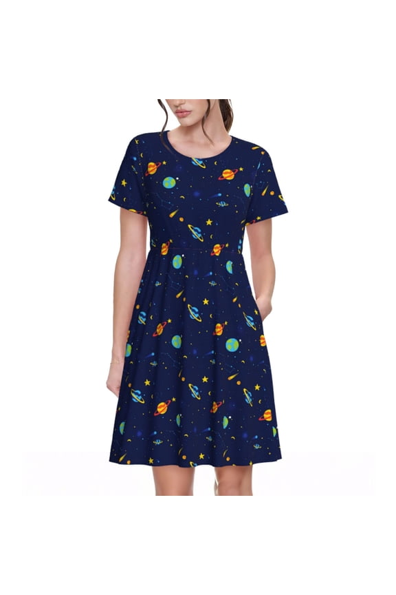 Space Galaxy Print Womens Summer Dress,Casual Short Sleeve Sundresses,Beach A-line Shift Dress with Pockets