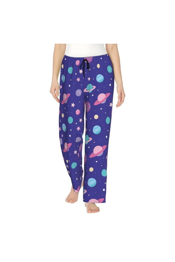 Space Print Women Pajama Pants,Comfy Pj Bottom with Pockets & Drawstring,Stretch Casual Sleepwear-X-Large