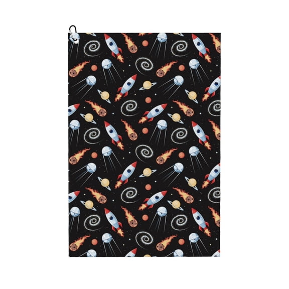 Logiee Space Rocket Print Golf Towels,16" x 24" Portable Golf Towel for Golf Bag with Carabiner Clip to Quickly Remove Sand,Mud and Sweat