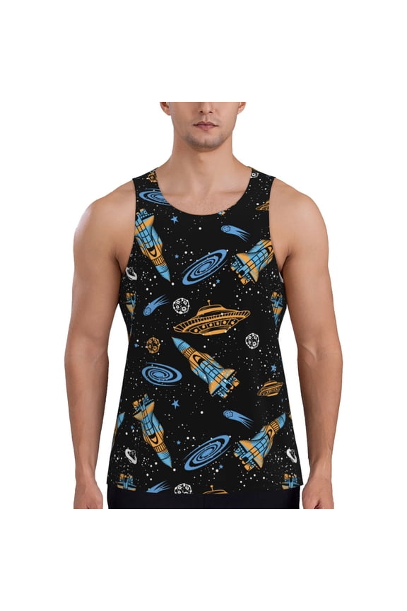 Space Rocket Print Men's Workout Tank Top,Quick Dry Workout Tank Top,Gym Muscle Tee,Fitness Bodybuilding Sleeveless T Shirt-4X-Large