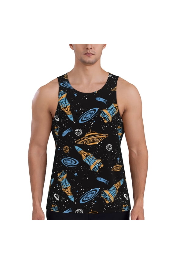 Space Rocket Print Men's Workout Tank Top,Quick Dry Workout Tank Top,Gym Muscle Tee,Fitness Bodybuilding Sleeveless T Shirt-XX-Large