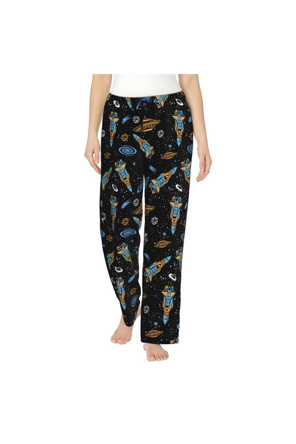 Space Rockets Print Women Pajama Pants,Comfy Pj Bottom with Pockets & Drawstring,Stretch Casual Sleepwear-Medium