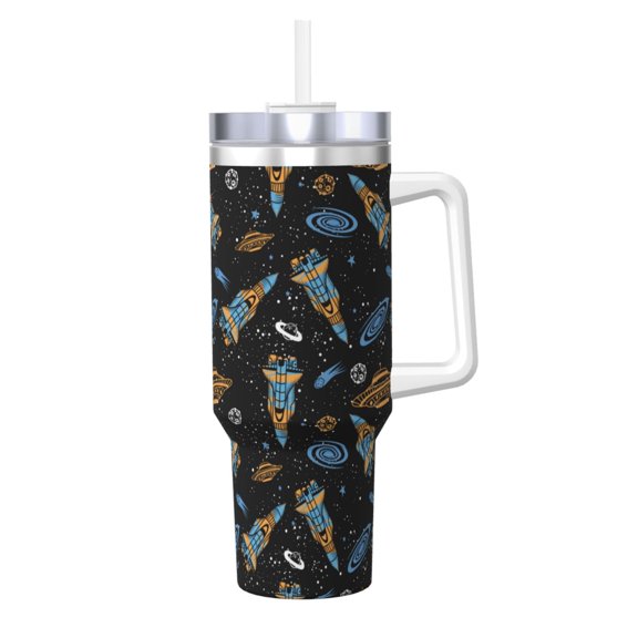 Logiee Space Rockets Print 40OZ Ice Bully Cup with Handle and Straw, Double Wall Stainless Steel Tumbler,Travel Coffee Cup with Lid, Summer Insulation and Cooling Cup