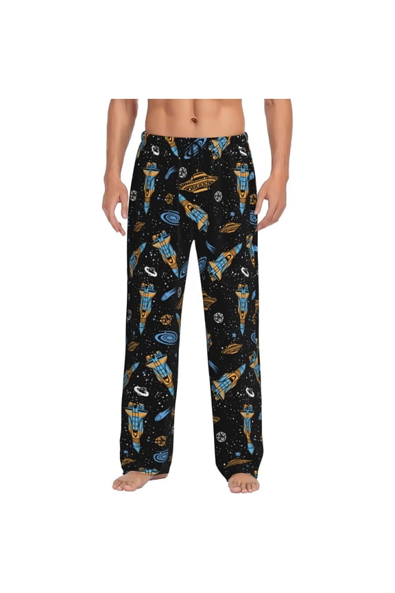 Space Rockets Print Pajama Pants for Men,Men’s Pajama Bottoms,Mens PJ Pants with Pockets & Button Fly-Large