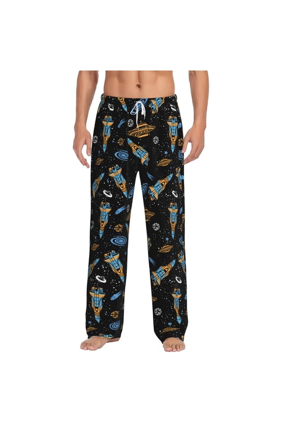 Space Rockets Print Pajama Pants for Men,Men’s Pajama Bottoms,Mens PJ Pants with Pockets & Button Fly-Medium