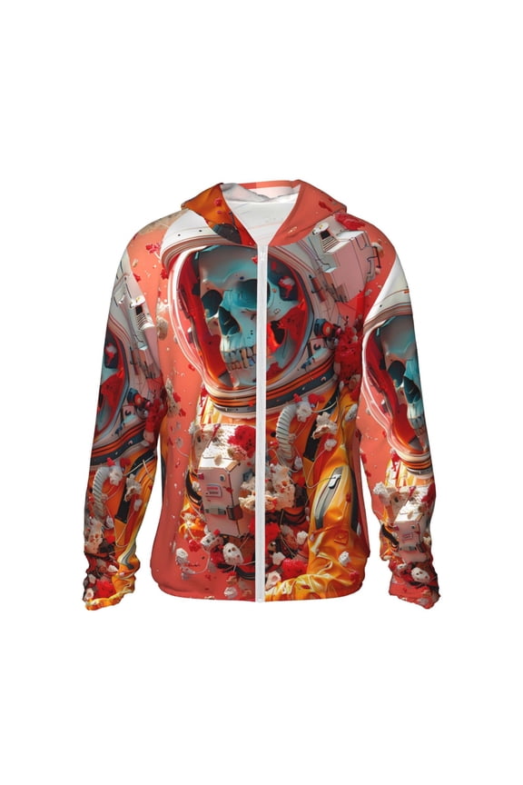 Space Skeleton Art Print Men's Women Light Jacket Full Zip Sun Protection Hoodie Long Sleeve Sun Shirts for Men Hiking Fishing Zip Pockets-3X-Large