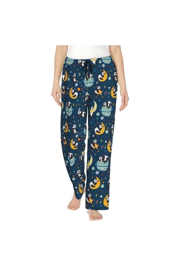 Space Sleeping Panda Print Women Pajama Pants,Comfy Pj Bottom with Pockets & Drawstring,Stretch Casual Sleepwear-Small