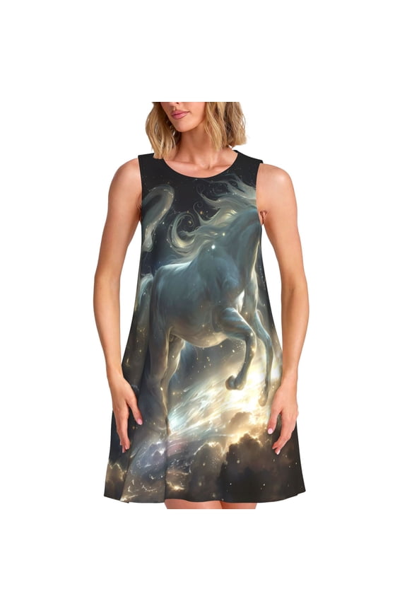 Space White Horse Print Summer Dresses for Women,Beach Sleeveless Flowy Pocket Tshirt Tank Sundresses,Women's Sleeveless Dress