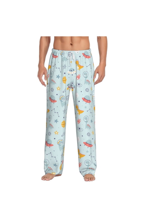 Space With Dino Astronauts Print Pajama Pants for Men,Men’s Pajama Bottoms,Mens PJ Pants with Pockets & Button Fly-3X-Large