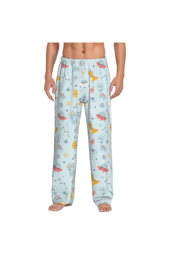Space With Dino Astronauts Print Pajama Pants for Men,Men’s Pajama Bottoms,Mens PJ Pants with Pockets & Button Fly-Medium