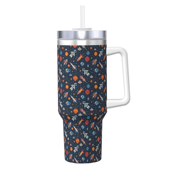 Logiee Spaceships And Stars In Outer Space Print 40OZ Ice Bully Cup with Handle and Straw, Double Wall Stainless Steel Tumbler,Travel Coffee Cup with Lid, Summer Insulation and Cooling Cup
