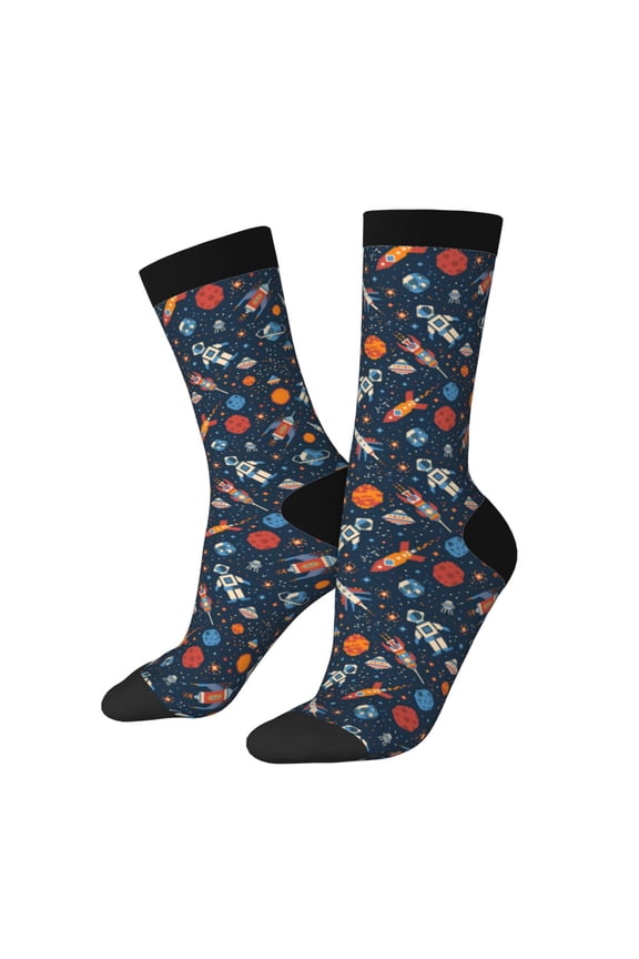 Spaceships And Stars In Outer Space Print Adult Socks for Men & Women,Calf Socks, Ankle Socks,Boots Socks,Breathable Casual Sock,Unisex Crew Socks